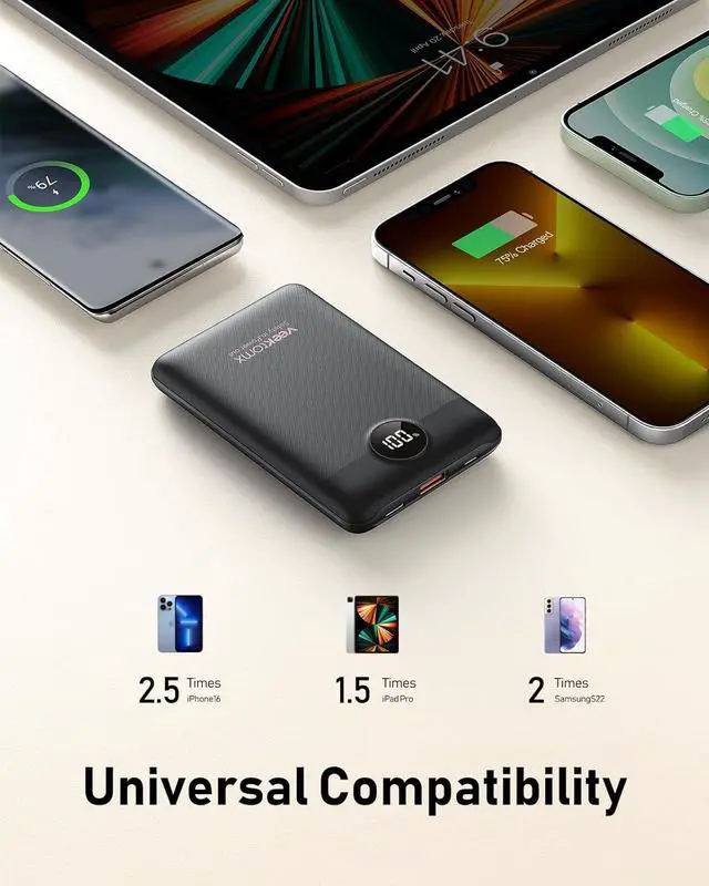 Alt view image 6 of 7 - VEEKTOMX Small Portable Charger, Mini Power Bank 10000mAh, PD 22.5W Fast Charging USB-C Battery Bank, Travel Essentials Dual Voltage External Portable Powerbank for iPhone/Samsung/Google Pixel, Black