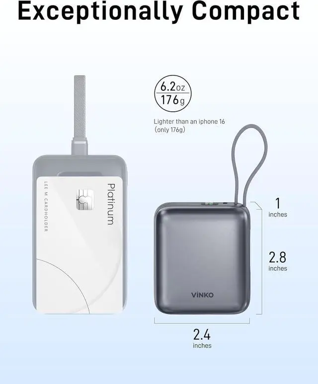 Alt view image 2 of 7 - VINKO Small Portable Charger, 22.5W Fast Charging Mini Power Bank 10000mAh with Built-in Cables LED Display, Travel Essential USB-C Battery Pack Compatible with iPhone,Samsung,Android (Gray)