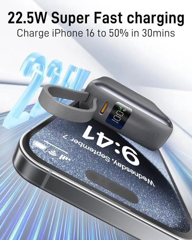 Alt view image 3 of 7 - VINKO Small Portable Charger, 22.5W Fast Charging Mini Power Bank 10000mAh with Built-in Cables LED Display, Travel Essential USB-C Battery Pack Compatible with iPhone,Samsung,Android (Gray)