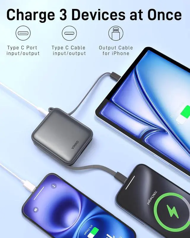 Alt view image 5 of 7 - VINKO Small Portable Charger, 22.5W Fast Charging Mini Power Bank 10000mAh with Built-in Cables LED Display, Travel Essential USB-C Battery Pack Compatible with iPhone,Samsung,Android (Gray)