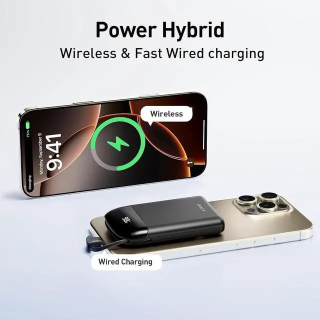 Alt view image 2 of 7 - iWALK 10,000mAh Magnetic Portable Charger, Wireless Mini Power Bank,40W Max Fast Charging Battery Pack with Built-in USB-C Cable Compatible with iPhone 16/15 Series, AirPods, Samsung S25 Series,Black