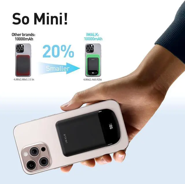 Alt view image 3 of 7 - iWALK 10,000mAh Magnetic Portable Charger, Wireless Mini Power Bank,40W Max Fast Charging Battery Pack with Built-in USB-C Cable Compatible with iPhone 16/15 Series, AirPods, Samsung S25 Series,Black