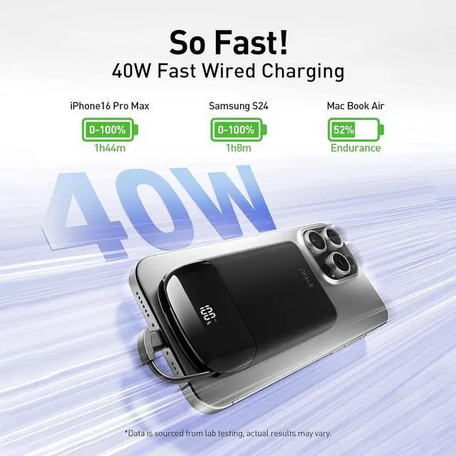 Alt view image 4 of 7 - iWALK 10,000mAh Magnetic Portable Charger, Wireless Mini Power Bank,40W Max Fast Charging Battery Pack with Built-in USB-C Cable Compatible with iPhone 16/15 Series, AirPods, Samsung S25 Series,Black