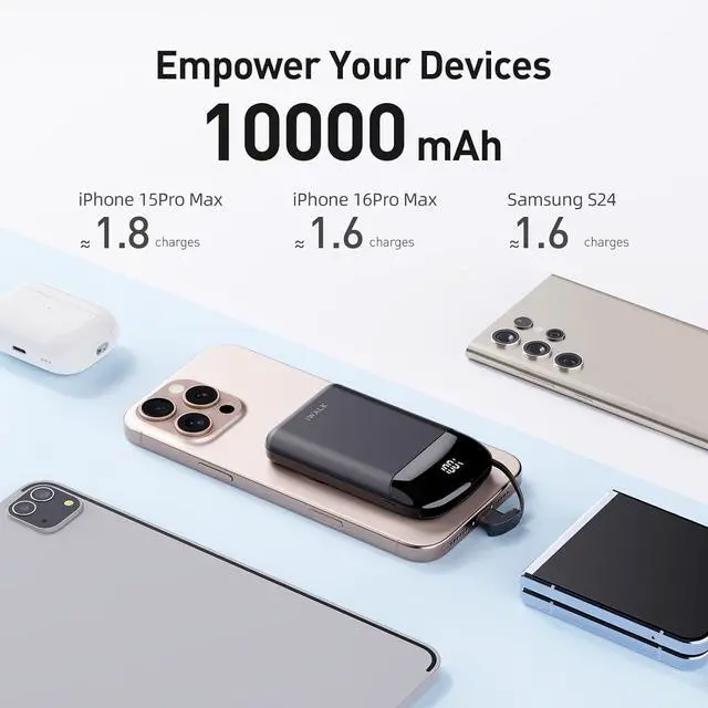 Alt view image 5 of 7 - iWALK 10,000mAh Magnetic Portable Charger, Wireless Mini Power Bank,40W Max Fast Charging Battery Pack with Built-in USB-C Cable Compatible with iPhone 16/15 Series, AirPods, Samsung S25 Series,Black