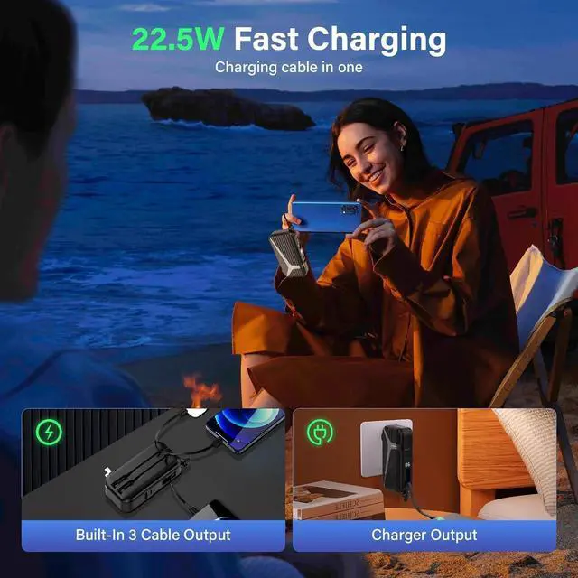Alt view image 2 of 7 - Portable Charger with Built in Cable and AC Wall Plug,10000 mAh External Battery Power Bank, LED Display 4 Outputs 2 Inputs, Travel Phone Charger Battery Pack for iPhone 16 15 14 13 Samsung iPad