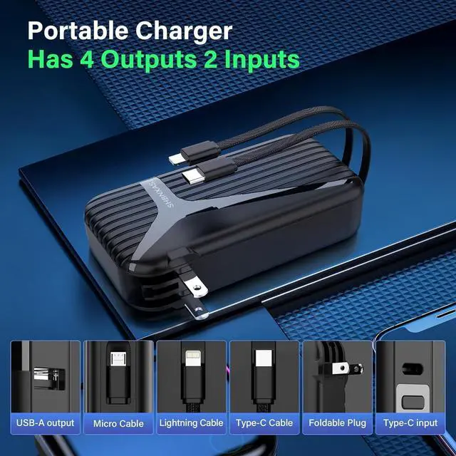 Alt view image 3 of 7 - Portable Charger with Built in Cable and AC Wall Plug,10000 mAh External Battery Power Bank, LED Display 4 Outputs 2 Inputs, Travel Phone Charger Battery Pack for iPhone 16 15 14 13 Samsung iPad