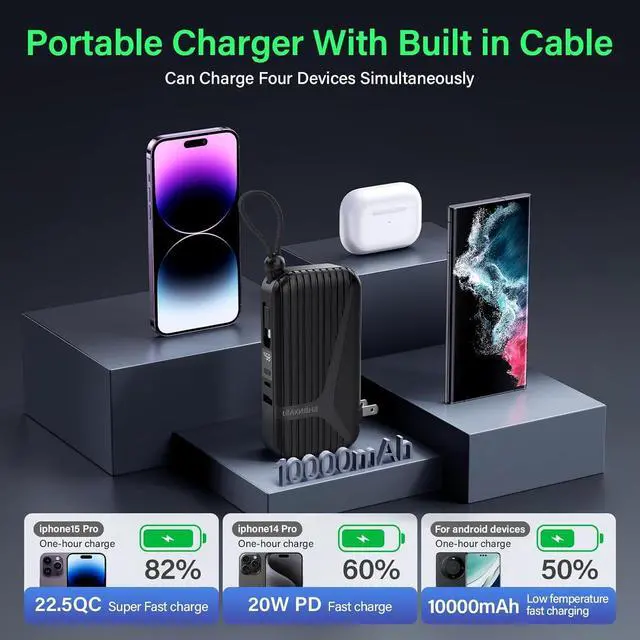 Alt view image 5 of 7 - Portable Charger with Built in Cable and AC Wall Plug,10000 mAh External Battery Power Bank, LED Display 4 Outputs 2 Inputs, Travel Phone Charger Battery Pack for iPhone 16 15 14 13 Samsung iPad