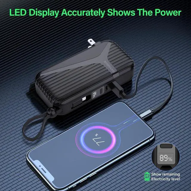 Alt view image 6 of 7 - Portable Charger with Built in Cable and AC Wall Plug,10000 mAh External Battery Power Bank, LED Display 4 Outputs 2 Inputs, Travel Phone Charger Battery Pack for iPhone 16 15 14 13 Samsung iPad