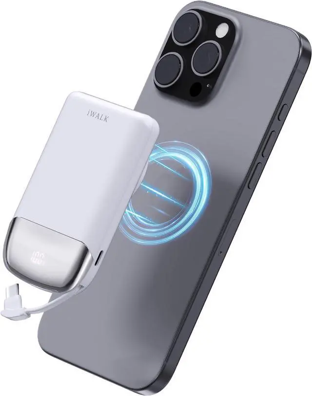 Main image of iWALK 10,000mAh Magnetic Portable Charger, Wireless Mini Power Bank,40W Max Fast Charging Battery Pack with Built-in USB-C Cable Compatible with iPhone 16/15 Series, AirPods, Samsung S25 Series,White