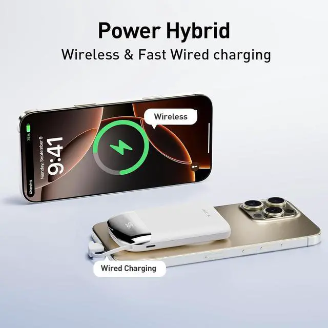 Alt view image 2 of 7 - iWALK 10,000mAh Magnetic Portable Charger, Wireless Mini Power Bank,40W Max Fast Charging Battery Pack with Built-in USB-C Cable Compatible with iPhone 16/15 Series, AirPods, Samsung S25 Series,White
