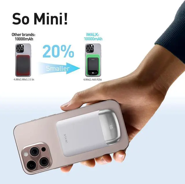 Alt view image 3 of 7 - iWALK 10,000mAh Magnetic Portable Charger, Wireless Mini Power Bank,40W Max Fast Charging Battery Pack with Built-in USB-C Cable Compatible with iPhone 16/15 Series, AirPods, Samsung S25 Series,White