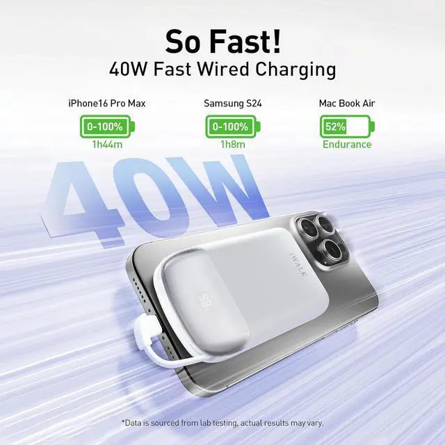 Alt view image 4 of 7 - iWALK 10,000mAh Magnetic Portable Charger, Wireless Mini Power Bank,40W Max Fast Charging Battery Pack with Built-in USB-C Cable Compatible with iPhone 16/15 Series, AirPods, Samsung S25 Series,White