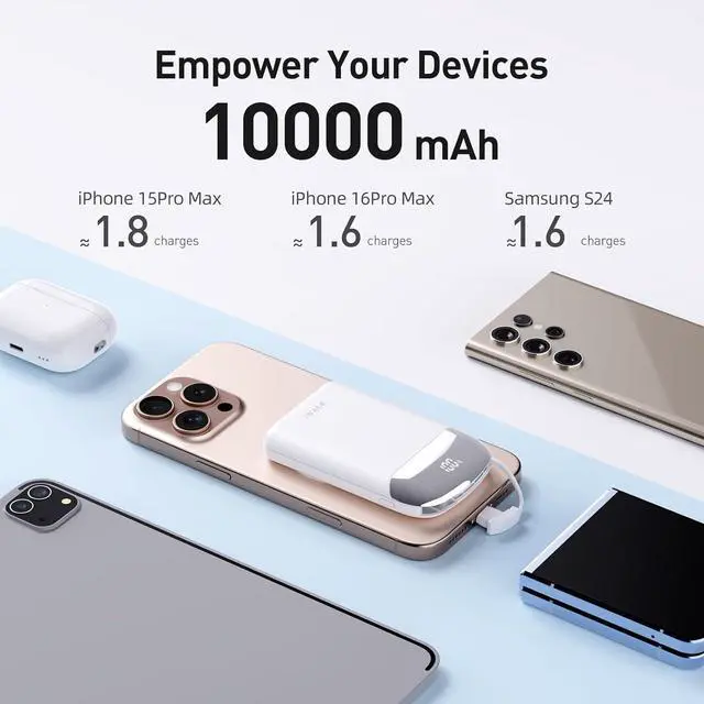 Alt view image 5 of 7 - iWALK 10,000mAh Magnetic Portable Charger, Wireless Mini Power Bank,40W Max Fast Charging Battery Pack with Built-in USB-C Cable Compatible with iPhone 16/15 Series, AirPods, Samsung S25 Series,White