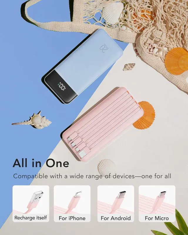 Alt view image 2 of 7 - 20000mAh Portable Charger with Built in Cables 22.5W Travel Power Bank Fast Charging USB C Cell Phone Battery Pack for iPhone 16/15/14/13/12/11 Series iPad  Android Tablet