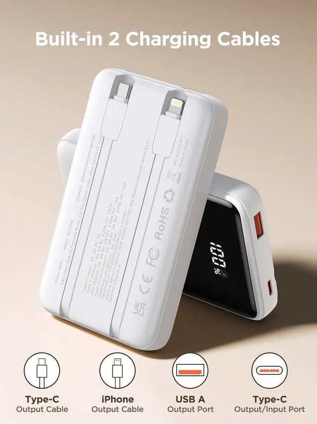 Alt view image 5 of 6 - Aioneus Portable Charger, 10000mAh Power Bank 22.5W Fast Charging Portable Charger with Built in Cable Battery Pack USBC Travel Charger for iPhone11 12 13 14 15 16 Samsung Galaxy S24 S23 Android Phone