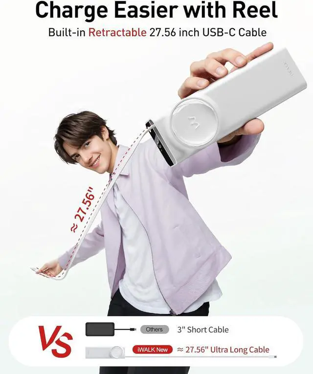 Alt view image 2 of 7 - iWALK Laptop Power Bank, 20000mAh 65W Portable Charger with Built-in 2.3ft Retractable USB-C Cable & LED Display - Triple Outputs for MacBook Pro/Air, iPhone 16/15 Series, iPad Pro, Samsung S25/S24