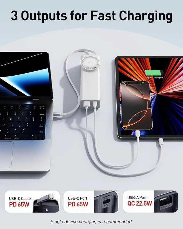 Alt view image 5 of 7 - iWALK Laptop Power Bank, 20000mAh 65W Portable Charger with Built-in 2.3ft Retractable USB-C Cable & LED Display - Triple Outputs for MacBook Pro/Air, iPhone 16/15 Series, iPad Pro, Samsung S25/S24