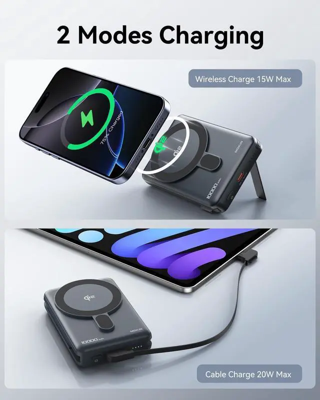 Alt view image 4 of 7 - Magnetic Portable Charger, 10000mAh Wireless Power Bank Battery Pack for Magsafe Qi2 Certified with Built in Cable & Stand, USB C PD 20W Fast Charging, 15W Charge Card for iPhone 16 15 14 13 12 Serie