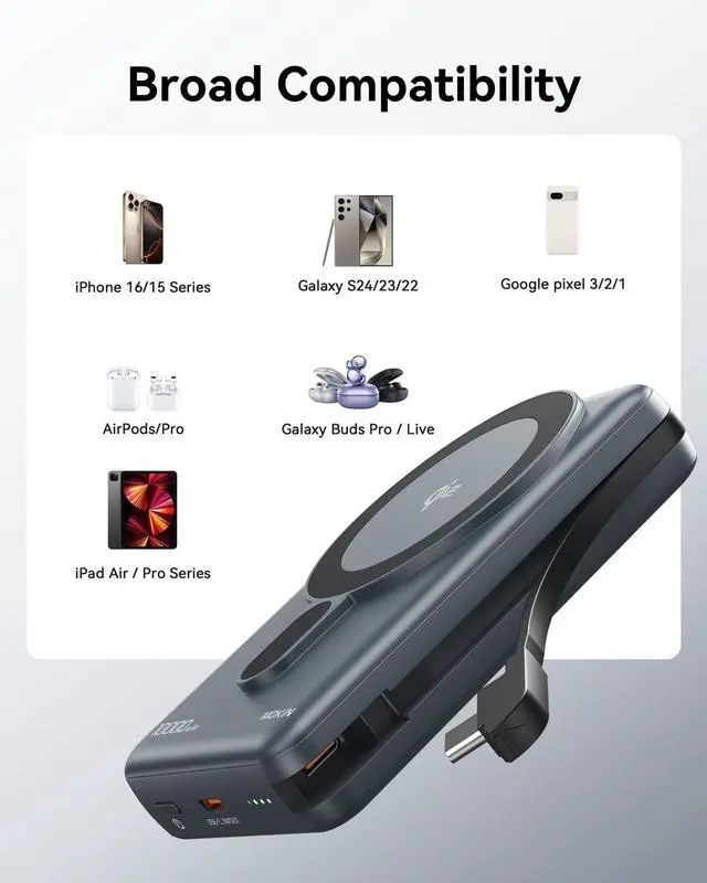 Alt view image 7 of 7 - Magnetic Portable Charger, 10000mAh Wireless Power Bank Battery Pack for Magsafe Qi2 Certified with Built in Cable & Stand, USB C PD 20W Fast Charging, 15W Charge Card for iPhone 16 15 14 13 12 Serie