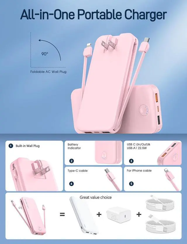 Alt view image 2 of 7 - Portable Charger with Built in Cable and AC Wall Plug, USB C Power Bank 12000mAh 22.5W Super Fast Charging, Lightweight Portable Phone Charger Travel Battery Pack for iPhone, ect