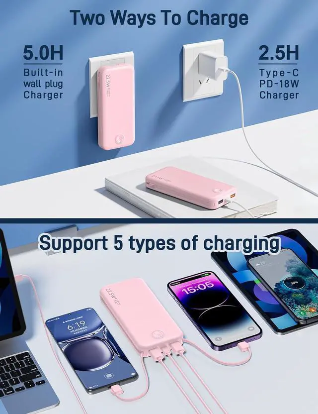 Alt view image 5 of 7 - Portable Charger with Built in Cable and AC Wall Plug, USB C Power Bank 12000mAh 22.5W Super Fast Charging, Lightweight Portable Phone Charger Travel Battery Pack for iPhone, ect