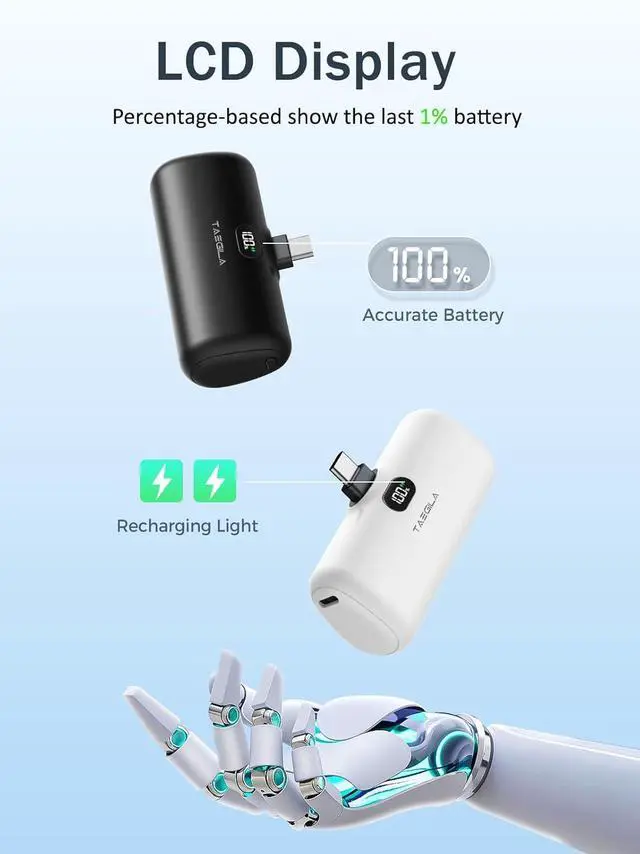 Alt view image 4 of 7 - Taegila 2Pack Portable Phone Charger for iPhone 15 16, USB C Power Bank 5000mAh with Built-in Cable & LCD Display, Compact Mini Battery Pack for Samsung Galaxy/iPhone 15 16 Series, Android Phones