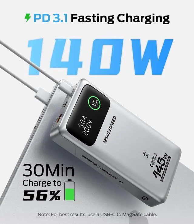 Alt view image 2 of 7 - MOVE SPEED 145W Laptop Power Bank, PD 3.1 25,000mAh Fast Charging Portable Charger with 240W Type C Cable, USB C 3-Port with Digital Display Travel Outdoor Charger for iPhone, Dell, MacBook, Galaxy