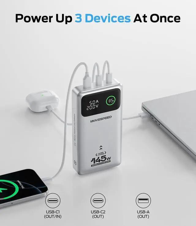 Alt view image 4 of 7 - MOVE SPEED 145W Laptop Power Bank, PD 3.1 25,000mAh Fast Charging Portable Charger with 240W Type C Cable, USB C 3-Port with Digital Display Travel Outdoor Charger for iPhone, Dell, MacBook, Galaxy