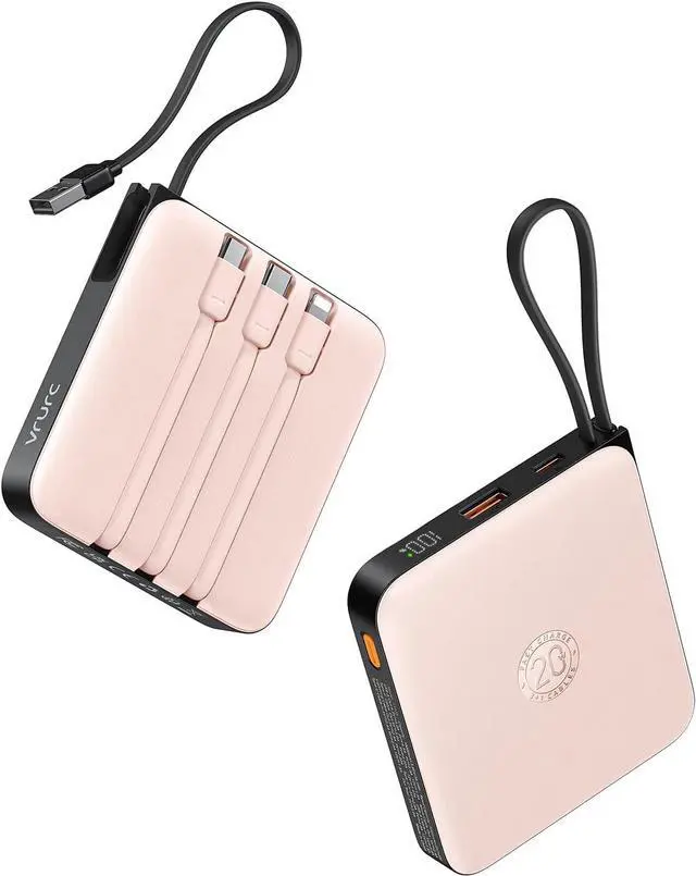 Main image of VRURC 20000mAh Power Bank Built-in Cables, Travel Essentials, Portable Charger 22.5W Fast Charging USB C Battery Pack, Phone Battery for iPhone 16 15 14 13 12 11 x Samsung Android Phone,Pink(1 Pack)