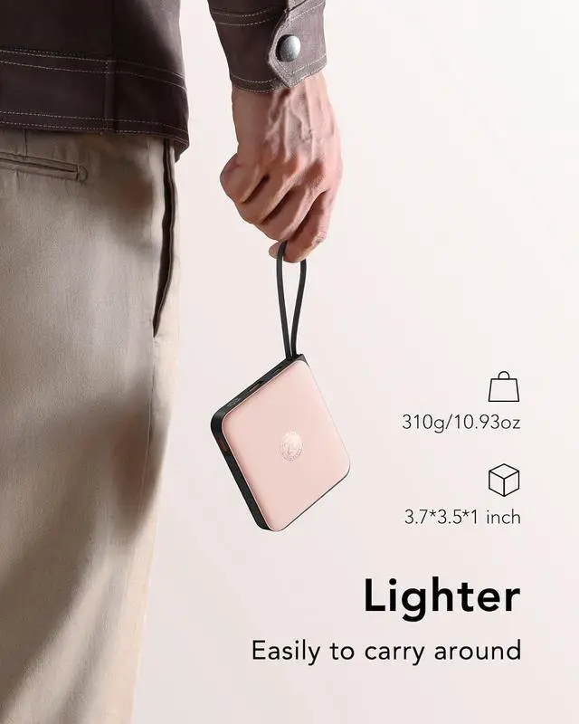Alt view image 3 of 7 - VRURC 20000mAh Power Bank Built-in Cables, Travel Essentials, Portable Charger 22.5W Fast Charging USB C Battery Pack, Phone Battery for iPhone 16 15 14 13 12 11 x Samsung Android Phone,Pink(1 Pack)