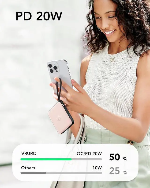 Alt view image 4 of 7 - VRURC 20000mAh Power Bank Built-in Cables, Travel Essentials, Portable Charger 22.5W Fast Charging USB C Battery Pack, Phone Battery for iPhone 16 15 14 13 12 11 x Samsung Android Phone,Pink(1 Pack)