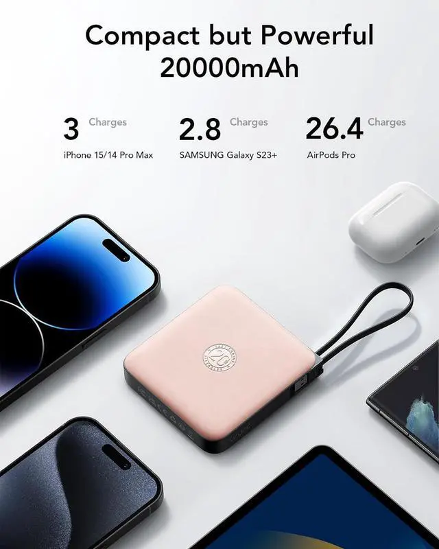 Alt view image 5 of 7 - VRURC 20000mAh Power Bank Built-in Cables, Travel Essentials, Portable Charger 22.5W Fast Charging USB C Battery Pack, Phone Battery for iPhone 16 15 14 13 12 11 x Samsung Android Phone,Pink(1 Pack)