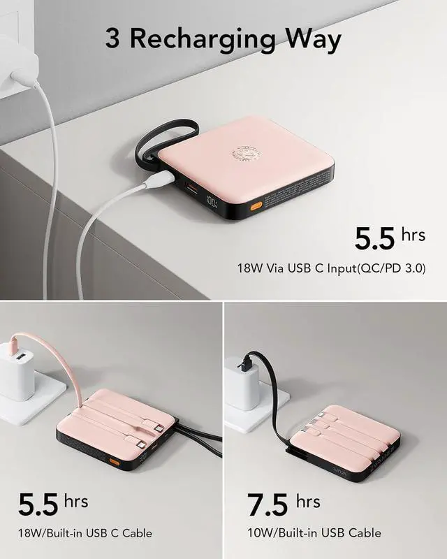 Alt view image 7 of 7 - VRURC 20000mAh Power Bank Built-in Cables, Travel Essentials, Portable Charger 22.5W Fast Charging USB C Battery Pack, Phone Battery for iPhone 16 15 14 13 12 11 x Samsung Android Phone,Pink(1 Pack)