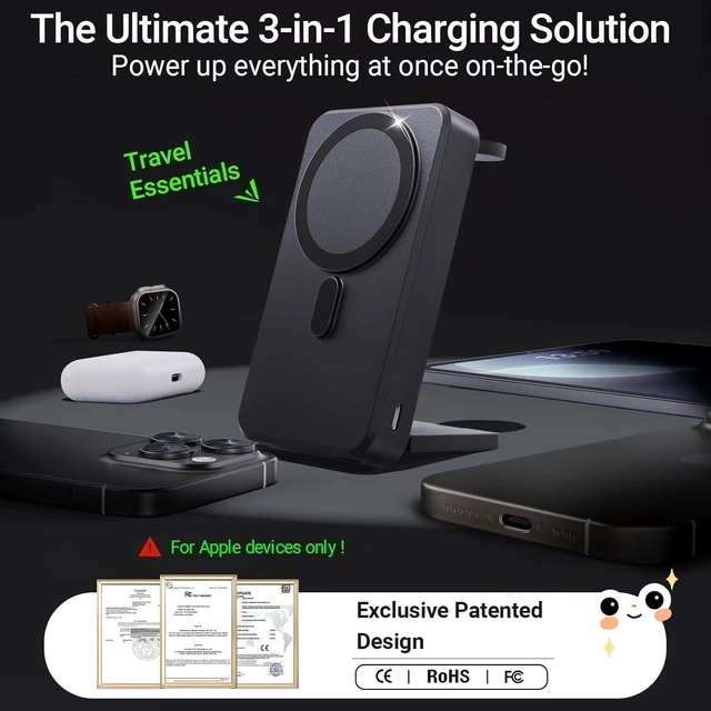 Alt view image 2 of 6 - 5-in-1 Portable Charger,10000mAh Foldable Power Bank Fast Charging,MagSafe Charger Battery Pack Magnetic,Travel Wireless Charging Station for iPhone 17/16/15/14/13/12,iWatch,Air pods, Black