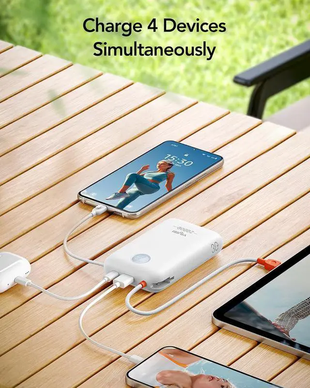 Alt view image 6 of 7 - Portable Charger 20000mAh 30W Fast Charging, Power Bank with Built-in Cables & LED Display, USB C Battery Pack for iPhone 16/15/14, Samsung, iPad and Android Phones, Ideal for Travel -White