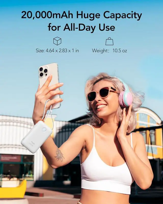 Alt view image 5 of 7 - Portable Charger 20000mAh 30W Fast Charging, Power Bank with Built-in Cables & LED Display, USB C Battery Pack for iPhone 16/15/14, Samsung, iPad and Android Phones, Ideal for Travel -White