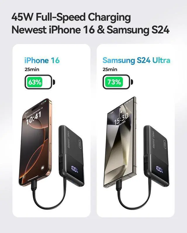 Alt view image 2 of 7 - INIU 45W Power Bank, Slimmest 10000mAh Portable Charger with Build in USB-C Cable, Fast Charging USB C in&Out Battery Pack, Travel External Phone Charger for iPhone 16 15 Samsung S24 S23 Google etc