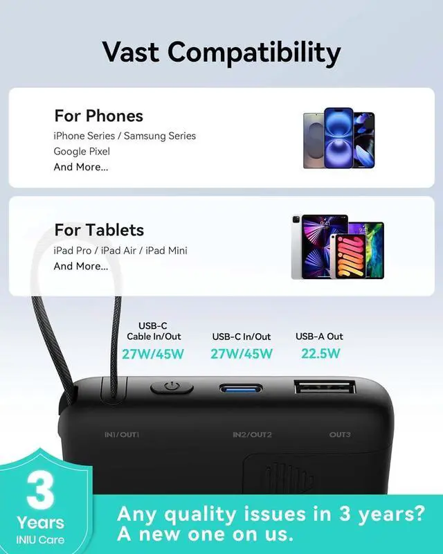 Alt view image 7 of 7 - INIU 45W Power Bank, Slimmest 10000mAh Portable Charger with Build in USB-C Cable, Fast Charging USB C in&Out Battery Pack, Travel External Phone Charger for iPhone 16 15 Samsung S24 S23 Google etc