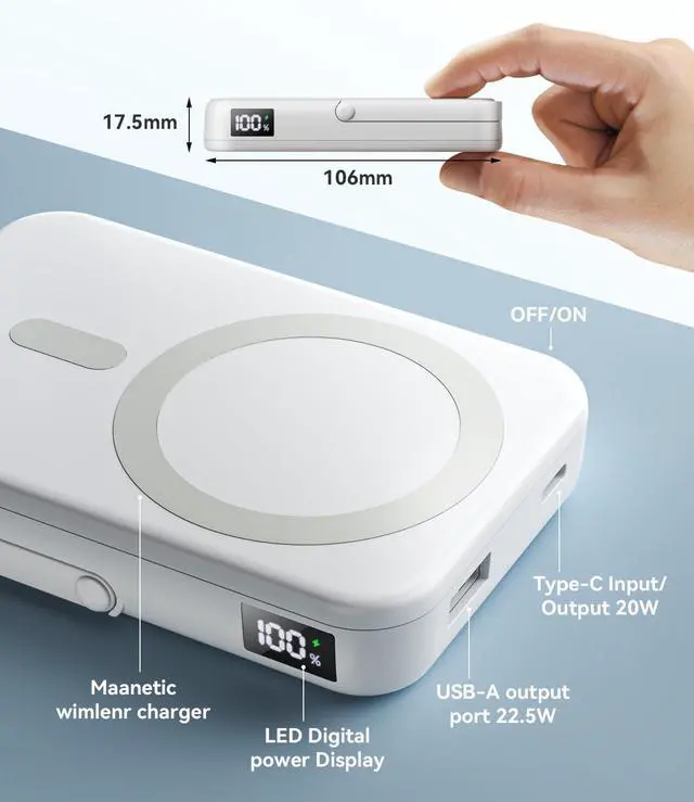Alt view image 6 of 7 - for Magsafe Battery Pack, 10000mAh Magnetic Charger with Stand for iPhone, USB-C 22.5W Fast Charging Wireless Portable Charger, Magnetic Power Bank for iPhone 16/15/14/13/12 Series - White