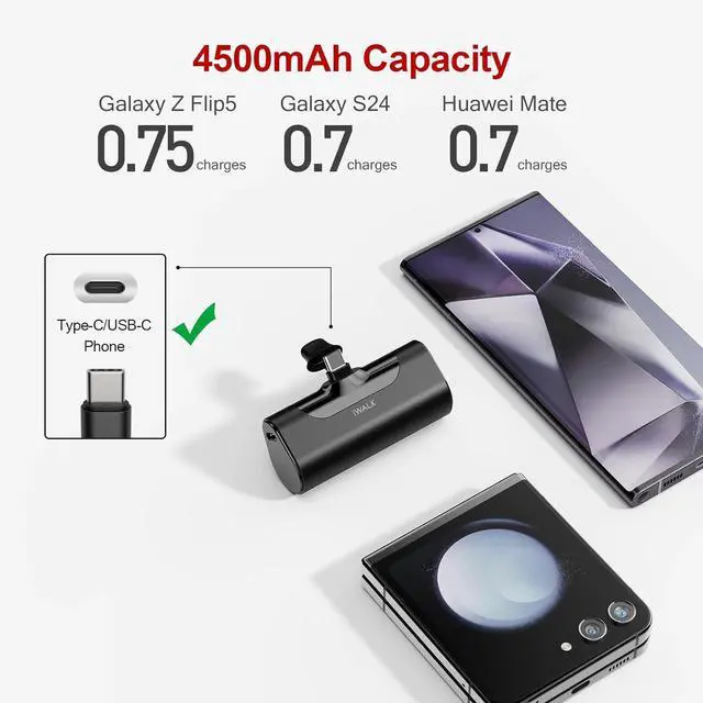 Alt view image 2 of 7 - iWALK Small USB-C Portable Charger, 4500mAh Portable Charger for iPhone 16/15 16 Plus 16 Pro Max Mini Power Bank for Samsung Galaxy S25 S24 S23, Z Flip 5, Note, Moto, LG, Google Pixel, Black