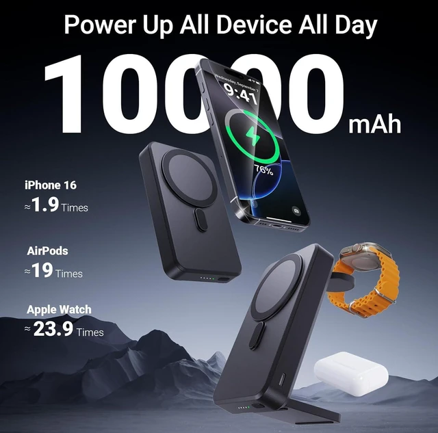 Alt view image 5 of 6 - 5-in-1 Portable Charger,10000mAh Foldable Power Bank Fast Charging,MagSafe Charger Battery Pack Magnetic,Travel Wireless Charging Station for iPhone 17/16/15/14/13/12,iWatch,Air pods, Black