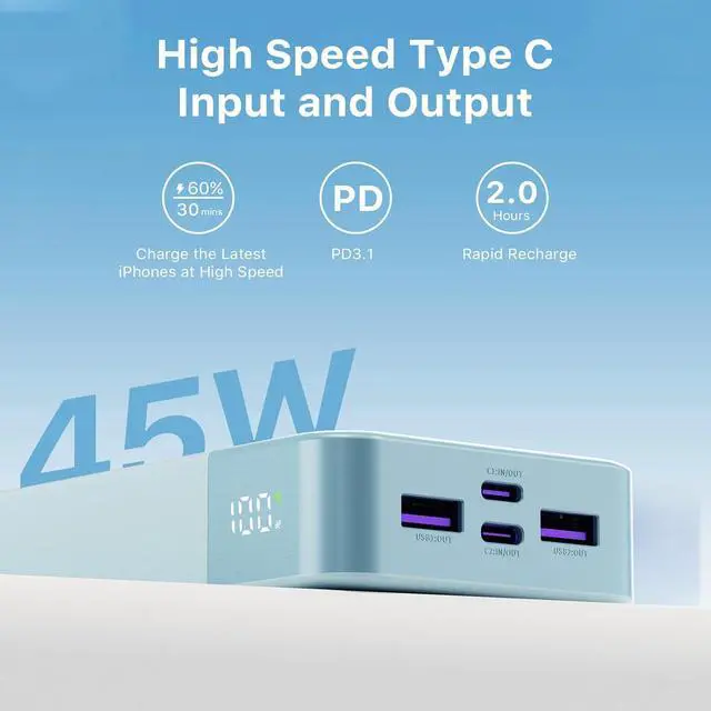 Alt view image 4 of 7 - J2621 Power Bank Portable Charger,20000mAh 45W PD3.0 QC 4.0 Fast Charging Battery Pack with LED Display,2 USB-C,2 USB-A for iPhone Tablet MacBook