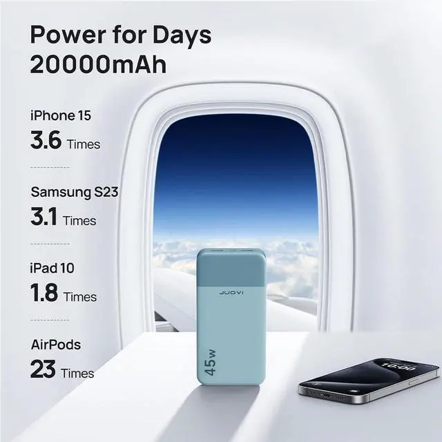 Alt view image 5 of 7 - J2621 Power Bank Portable Charger,20000mAh 45W PD3.0 QC 4.0 Fast Charging Battery Pack with LED Display,2 USB-C,2 USB-A for iPhone Tablet MacBook