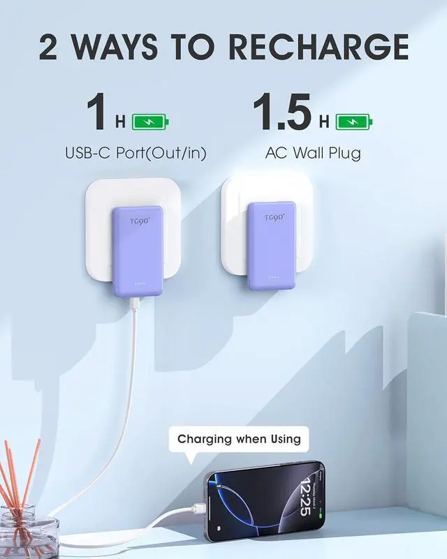 Alt view image 2 of 7 - TG90° Portable Phone Charger Ultra Mini Power Bank with Built-in Foldable AC Wall Plug and Cables,5000mAh External Battery Pack Compatible with iPhone and Android Smart Devices