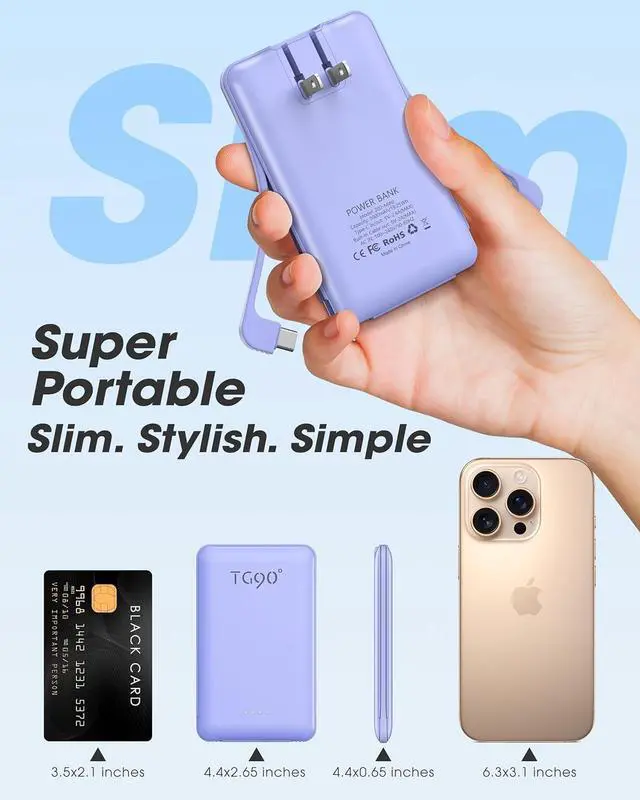 Alt view image 5 of 7 - TG90° Portable Phone Charger Ultra Mini Power Bank with Built-in Foldable AC Wall Plug and Cables,5000mAh External Battery Pack Compatible with iPhone and Android Smart Devices