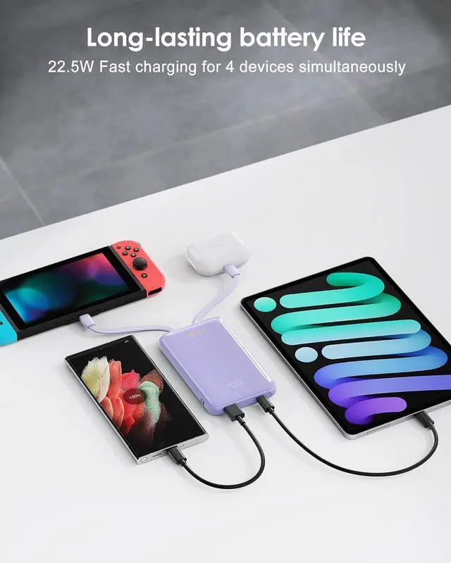 Alt view image 2 of 6 - Portable Charger 10000mAh, Cell Phone Portable Power Banks with 22.5W PD Fast Charging, Compact Phone Charger Built in Cable, Compatible with Apple, Samsung, Google, Motorola and More