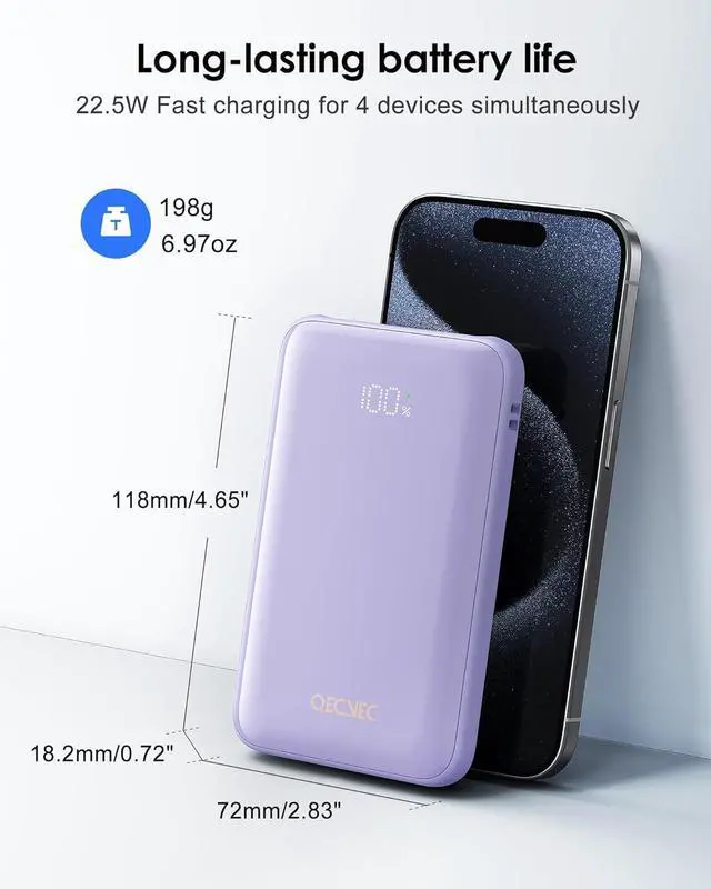 Alt view image 3 of 6 - Portable Charger 10000mAh, Cell Phone Portable Power Banks with 22.5W PD Fast Charging, Compact Phone Charger Built in Cable, Compatible with Apple, Samsung, Google, Motorola and More