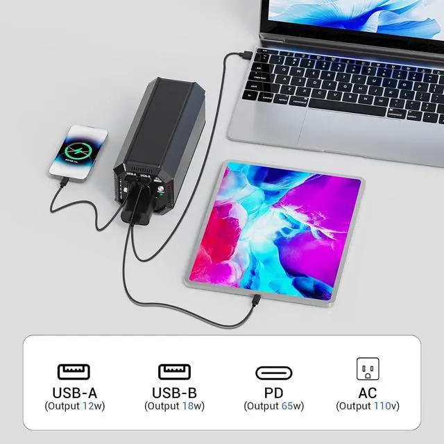 Alt view image 3 of 7 - Power Bank with AC 100W,Portable Laptop Charger,98Wh/27000mAh External Battery for Laptop,PD 65W Type-C,Compatible for Outdoor RV Camping Travel Emergency Backup Home