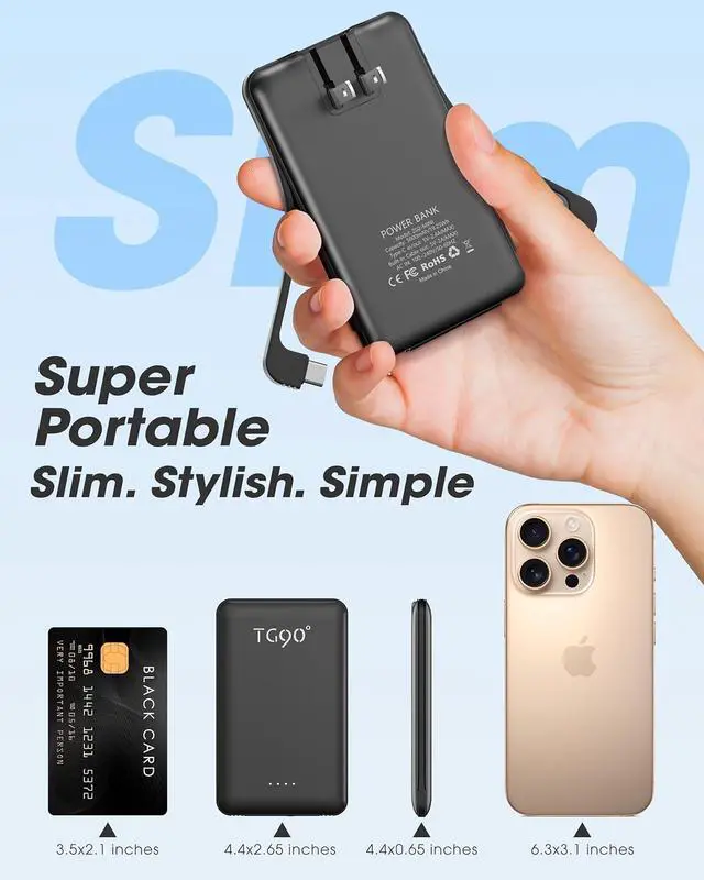 Alt view image 4 of 7 - TG90° Portable Charger Power Bank,5000mAh Small Battery Pack with Built-in Foldable AC Wall Plug and Cables, Mini Battery Charger Compatible with iPhone 16 15 14 13 12 Samsung Google iPad etc