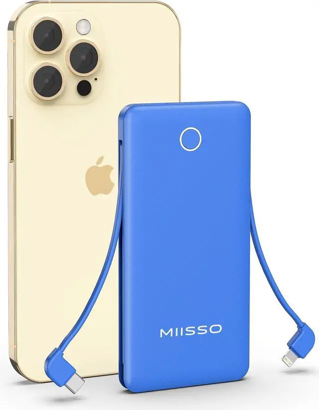 Main image of miisso 10000mAh Slim Portable Charger with Built in Cable, Power Bank Travel Charger External Battery Pack for Phone, 4 Output USB Type C Cord Clutch Charger Compatible with iPhone, Deep Blue